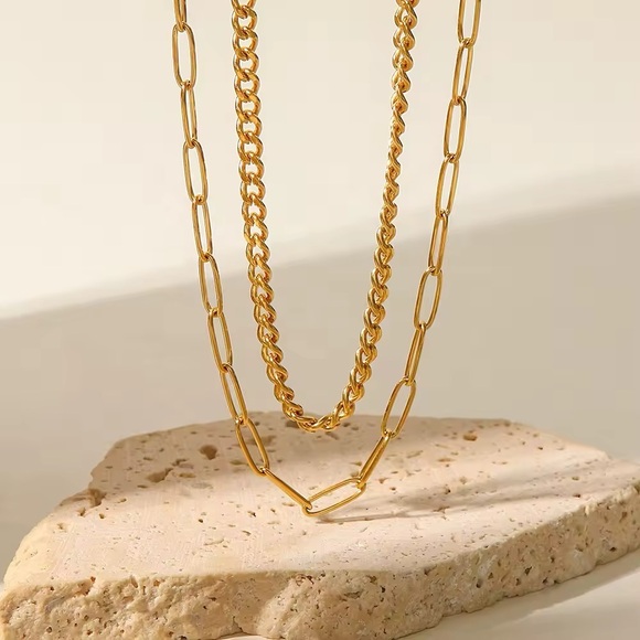 18K Gold Plated - Double Layer Chain Necklace - Gold Jewelry - Picture 2 of 7